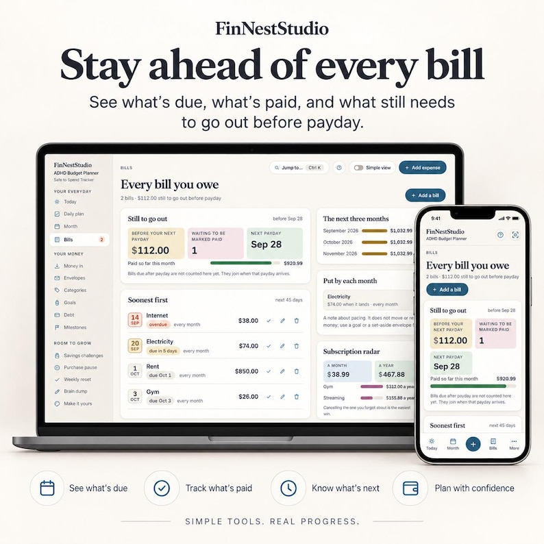 May include: A digital budget planner interface displayed on a laptop screen and a smartphone. The screen shows a dashboard titled Every bill you owe with sections for bills, payment status, and upcoming expenses, featuring text by FinNestStudio.