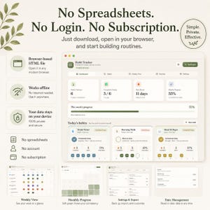 May include: A digital habit tracker interface with a clean, minimalist design. The interface displays progress bars, habit tracking metrics, and daily tasks. The text reads "No Spreadsheets. No Login. No Subscription."