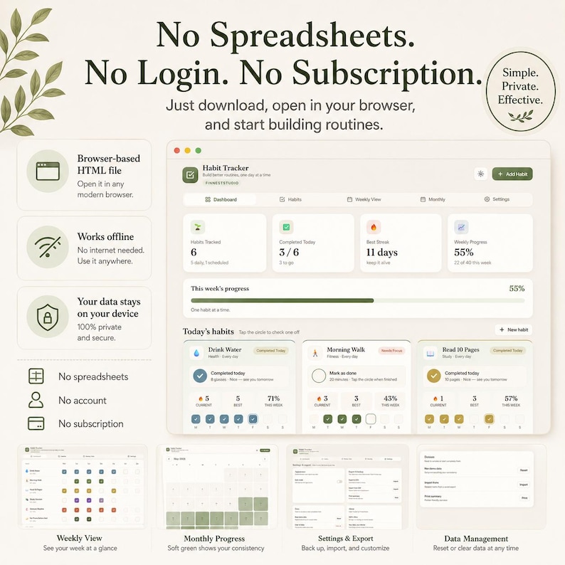 May include: A digital habit tracker interface with a clean, minimalist design. The interface displays progress bars, habit tracking metrics, and daily tasks. The text reads "No Spreadsheets. No Login. No Subscription."