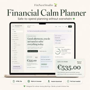 Może przedstawiać: Cyfrowy interfejs Financial Calm Planner wyświetlony na ekranie laptopa. Pulpit nawigacyjny zawiera sekcje do zarządzania finansami, w tym szacunkową kwotę bezpiecznych wydatków 535,00 €, codzienne meldunki oraz narzędzia do zachowania spokoju.