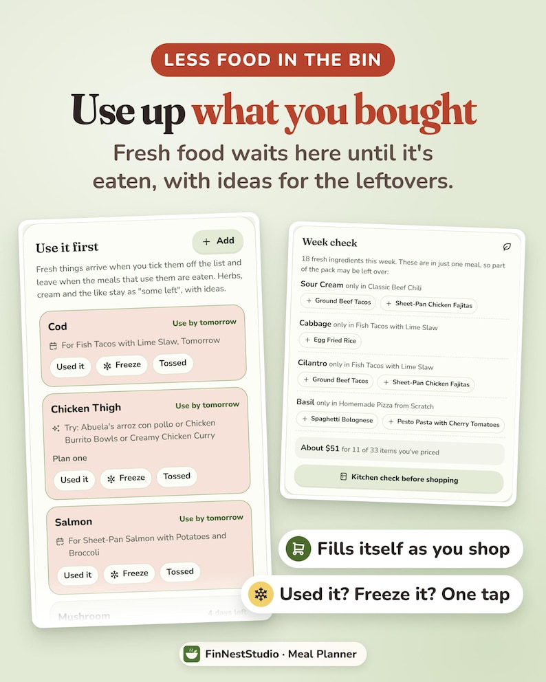 Puede incluir: Una interfaz de planificador de comidas digital titulada Less Food in the Bin, Use up what you bought. Muestra listas de ingredientes como bacalao, muslo de pollo y salm&oacute;n con opciones para marcar como Used it, Freeze o Tossed, m&aacute;s una secci&oacute;n Week check.