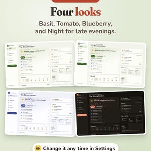 Puede incluir: Una interfaz de planificador de comidas digital que muestra cuatro temas de color distintos llamados Basil, Tomato, Blueberry y Night. La pantalla muestra un panel titulado The Rivera kitchen con listas de recetas, compras y seguimiento.