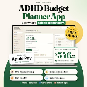 ADHD Budget Planner App | Safe to Spend Tracker, Paycheck Budget, Bills & Envelopes, Works Offline on Phone + Computer, No Subscription