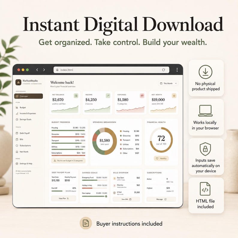 K&ouml;nnte beinhalten: Eine digitale Finanz-Dashboard-Oberfl&auml;che auf einem Bildschirm mit Bereichen f&uuml;r Nettostand, Einkommen, Ausgaben, Nettoverm&ouml;gen, Budgetfortschritt, Ausgabenaufschl&uuml;sselung, finanzielle Gesundheit, Schuldenabbau, Sparziele und Abonnements.