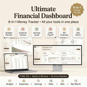 Könnte beinhalten: Ein digitales Ultimate Financial Dashboard 8-in-1 Money Tracker Tool auf einem Laptop und Monitor. Es enthält einen Budgetplaner, Ausgabenverfolger, Sparziele, Schuldenabbau, einen Rechnungskalender und eine Nettovermögensübersicht.