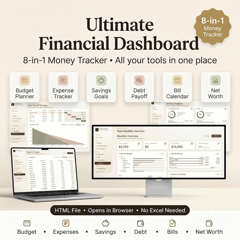 K&ouml;nnte beinhalten: Ein digitales Ultimate Financial Dashboard 8-in-1 Money Tracker Tool auf einem Laptop und Monitor. Es enth&auml;lt einen Budgetplaner, Ausgabenverfolger, Sparziele, Schuldenabbau, einen Rechnungskalender und eine Nettoverm&ouml;gens&uuml;bersicht.