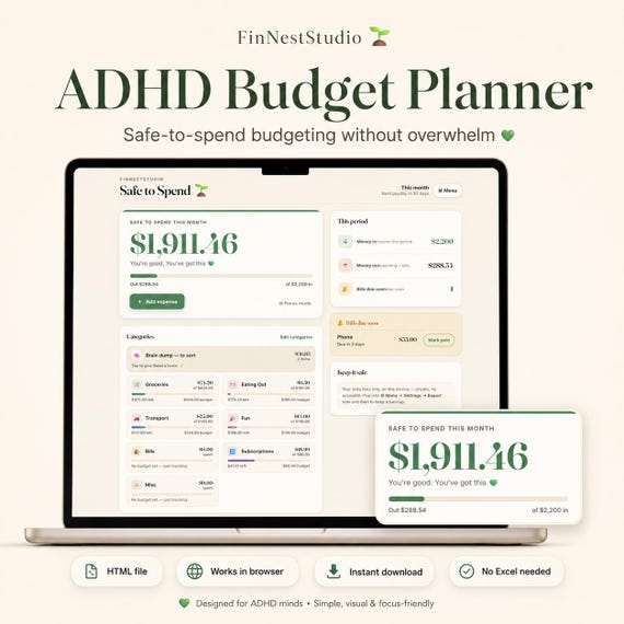 ADHD Budget Planner | Safe-to-Spend Tracker | Simple Budget Dashboard | Expense & Income Planner | Browser App
