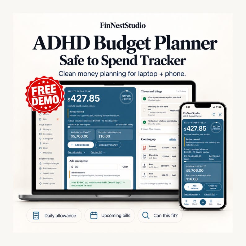 May include: A digital ADHD Budget Planner and Safe to Spend Tracker by FinNestStudio displayed on a laptop and smartphone screen. The interface features dark blue and white sections for daily allowance, upcoming bills, and expense tracking.