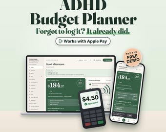 Pode incluir: Um planejador de orçamento digital para TDAH da FinnestStudio exibido em uma tela de laptop e smartphone, com uma interface em verde escuro e creme. Um terminal de pagamento mostra uma transação aprovada de 4,50 $.