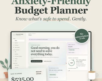 Puede incluir: Una interfaz de planificador de presupuesto digital en una pantalla con el texto Anxiety-Friendly Budget Planner, Know what's safe to spend. Gently. El panel muestra un monto de Safe to Spend de $535.00 y una insignia de No subscription.
