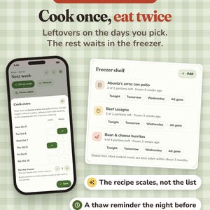 Puede incluir: Una interfaz de planificador de comidas digital mostrada en un tel&eacute;fono inteligente y una tableta. El texto dice: LEFTOVERS, ON PURPOSE, Cook once, eat twice, Freezer shelf, The recipe scales, not the list, A thaw reminder the night before, FinNestStudio.