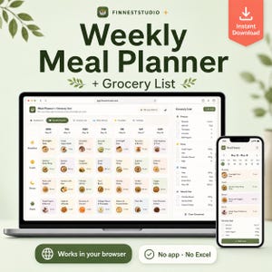 May include: A digital weekly meal planner and grocery list interface displayed on a laptop screen and a smartphone. The layout features a grid for daily meals, categorized by breakfast, lunch, dinner, and snack, alongside a sidebar grocery list.