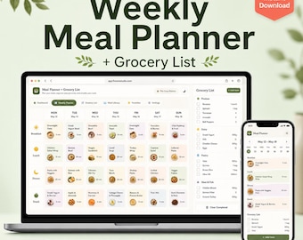 Planificador de comidas semanal y lista de la compra, aplicación web HTML (descarga digital)