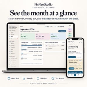 May include: A digital ADHD budget planner displayed on a laptop and smartphone screen. The interface shows financial tracking tools, including monthly summaries, expense lists, and income data for September 2026, with text labels like Month view, Money in, Money out, and Your progress.