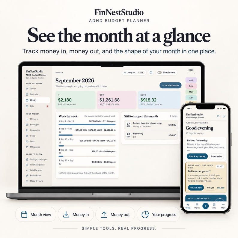 May include: A digital ADHD budget planner displayed on a laptop and smartphone screen. The interface shows financial tracking tools, including monthly summaries, expense lists, and income data for September 2026, with text labels like Month view, Money in, Money out, and Your progress.