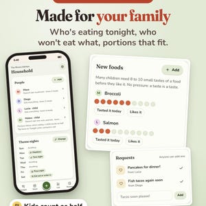 Puede incluir: Una interfaz de planificador de comidas digital en un tel&eacute;fono inteligente y dos tarjetas flotantes. La pantalla muestra perfiles de miembros del hogar, noches tem&aacute;ticas y preferencias alimentarias. El texto incluye "EVERYONE AT THE TABLE" y "Made for your family".