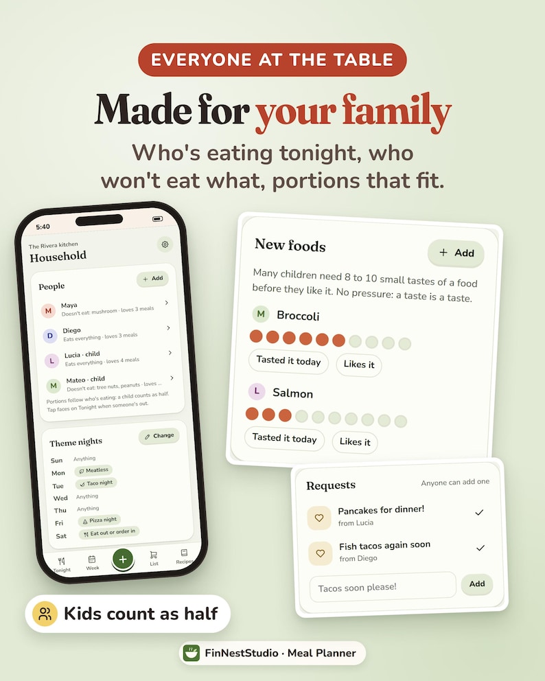 Puede incluir: Una interfaz de planificador de comidas digital en un tel&eacute;fono inteligente y dos tarjetas flotantes. La pantalla muestra perfiles de miembros del hogar, noches tem&aacute;ticas y preferencias alimentarias. El texto incluye "EVERYONE AT THE TABLE" y "Made for your family".