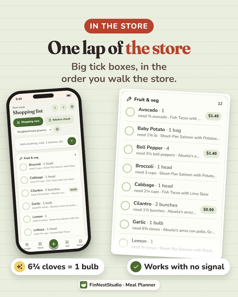 Puede incluir: Una interfaz de planificador de comidas en un tel&eacute;fono inteligente y una vista de lista separada, con el texto 'IN THE STORE', 'One lap of the store' y 'Big tick boxes, in the order you walk the store.' Las listas incluyen art&iacute;culos como br&oacute;coli, repollo y ajo.