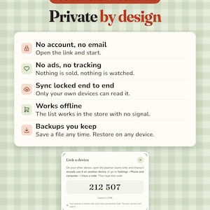 Puede incluir: Un gr&aacute;fico informativo titulado YOUR KITCHEN, YOUR DATA Private by design. Enumera cinco funciones de privacidad: No account, no email; No ads, no tracking; Sync locked end to end; Works offline; Backups you keep. Incluye un c&oacute;digo Link a device 212 507.