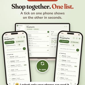 Puede incluir: Una interfaz de planificador de comidas digital en dos tel&eacute;fonos inteligentes y una tableta. Las pantallas muestran una lista de compras compartida con art&iacute;culos como br&oacute;coli, repollo y cilantro. Texto: FOR BOTH OF YOU, Shop together. One list. In sync. Locked: only your phones can read it.
