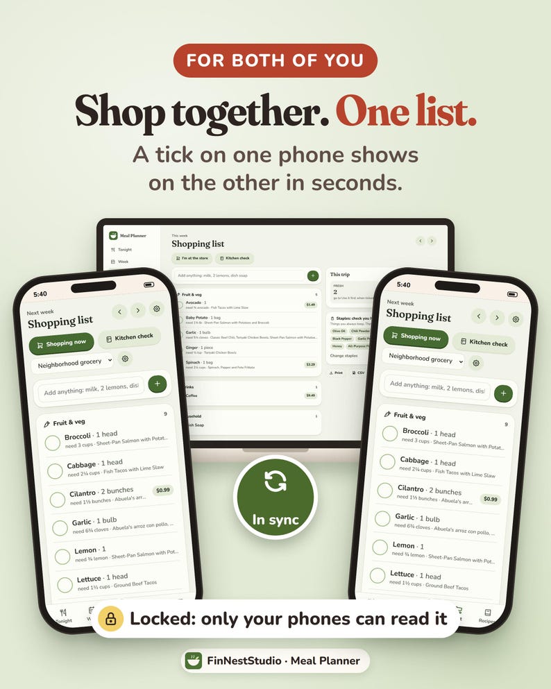 Puede incluir: Una interfaz de planificador de comidas digital en dos tel&eacute;fonos inteligentes y una tableta. Las pantallas muestran una lista de compras compartida con art&iacute;culos como br&oacute;coli, repollo y cilantro. Texto: FOR BOTH OF YOU, Shop together. One list. In sync. Locked: only your phones can read it.