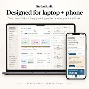 May include: A laptop and smartphone displaying the FinNestStudio ADHD Budget Planner interface. The screens show financial tracking dashboards with text including "Designed for laptop + phone," "Clear, low-friction money planning," and "PLAN ANYWHERE. FEEL MORE IN CONTROL."