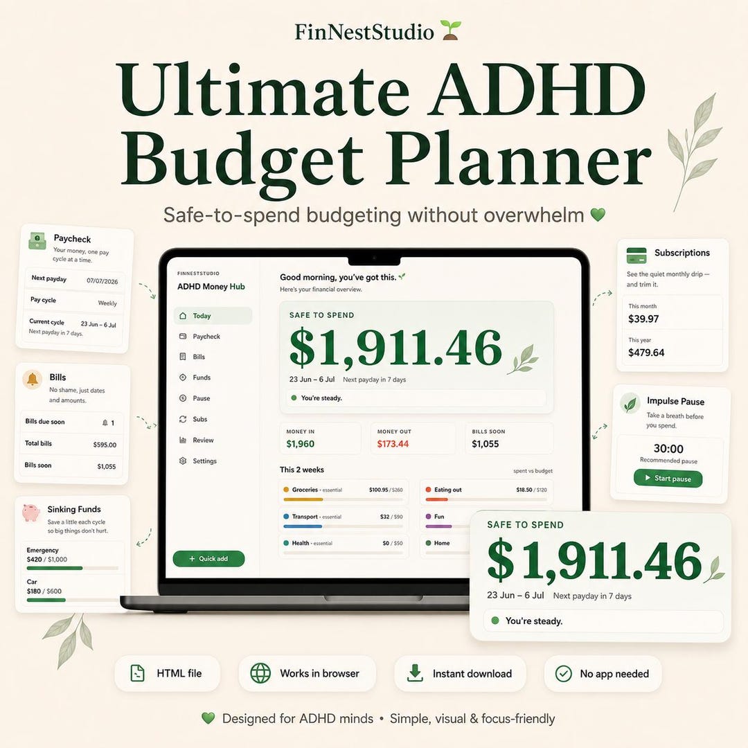 Ultimate ADHD Budget Planner, Money Hub, Paycheck Budget, Bills Tracker, Sinking Funds, Su