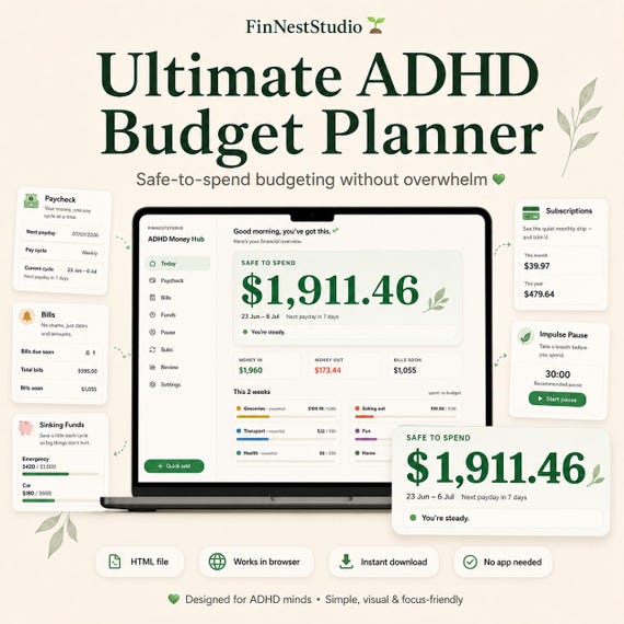 Ultimate ADHD Budget Planner, Money Hub, Paycheck Budget, Bills Tracker, Sinking Funds, Subscription Tracker, Digital Budget App