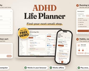 Puede incluir: Una interfaz digital de ADHD Life Planner mostrada en una computadora portátil y un teléfono inteligente. El diseño incluye herramientas de gestión de tareas, seguimiento de hábitos y programación con textos como Stuck? Say why.