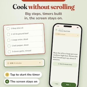 Puede incluir: Una interfaz de planificador de comidas en la pantalla de un tel&eacute;fono inteligente que muestra una receta de chili de res con instrucciones paso a paso, temporizadores integrados y listas de ingredientes. Texto: Floury Hands Welcome, Cook without scrolling.