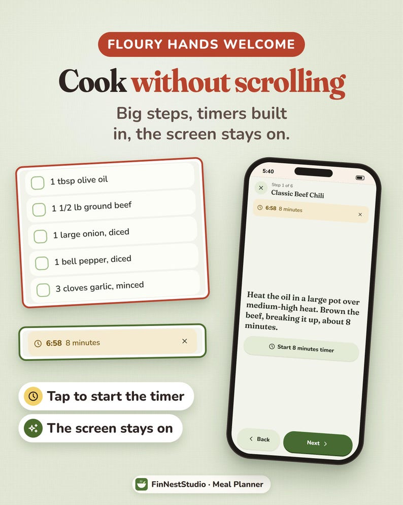 Puede incluir: Una interfaz de planificador de comidas en la pantalla de un tel&eacute;fono inteligente que muestra una receta de chili de res con instrucciones paso a paso, temporizadores integrados y listas de ingredientes. Texto: Floury Hands Welcome, Cook without scrolling.