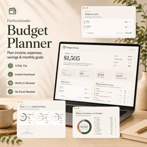 May include: A laptop displaying a budget planner interface with financial data, including income, expenses, and savings. The screen shows a total monthly income of $5,400. The image also includes the text "Budget Planner" and "FinNestStudio".