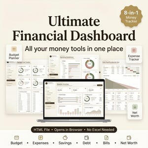 K&ouml;nnte beinhalten: Ein digitales Finanz-Dashboard auf einem Laptop-Bildschirm, das einen 8-in-1-Geld-Tracker mit Tools f&uuml;r Budget, Ausgaben, Ersparnisse, Schulden, Rechnungen und Nettoverm&ouml;gen enth&auml;lt, inklusive verschiedener Diagramme und Tabellen zur &Uuml;bersicht.