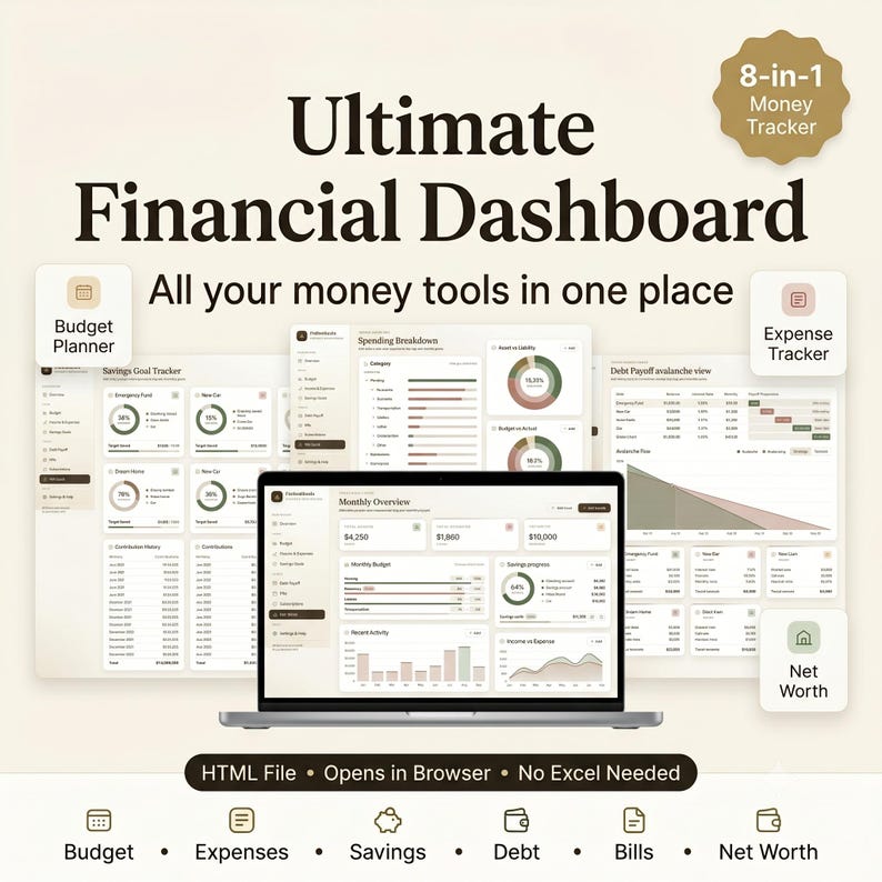 K&ouml;nnte beinhalten: Ein digitales Finanz-Dashboard auf einem Laptop-Bildschirm, das einen 8-in-1-Geld-Tracker mit Tools f&uuml;r Budget, Ausgaben, Ersparnisse, Schulden, Rechnungen und Nettoverm&ouml;gen enth&auml;lt, inklusive verschiedener Diagramme und Tabellen zur &Uuml;bersicht.