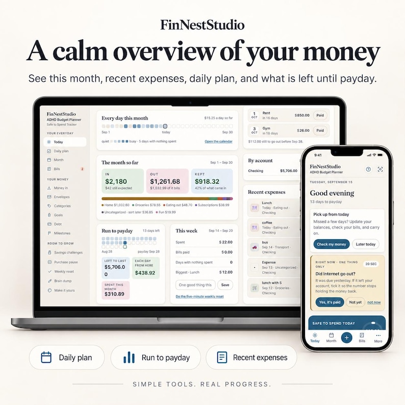 May include: A digital budget planner interface displayed on a laptop screen and a smartphone. The dashboard features sections for daily plans, monthly expenses, and savings trackers with text including FinNestStudio, A calm overview of your money, and Simple tools. Real progress.