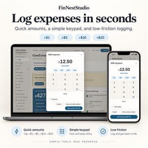 May include: A digital expense tracking interface displayed on a laptop and smartphone screen. The software features a numeric keypad, quick-add buttons for $1, $5, $10, and $20, and an Add expense window showing a total of $12.50. Text includes FinNestStudio.