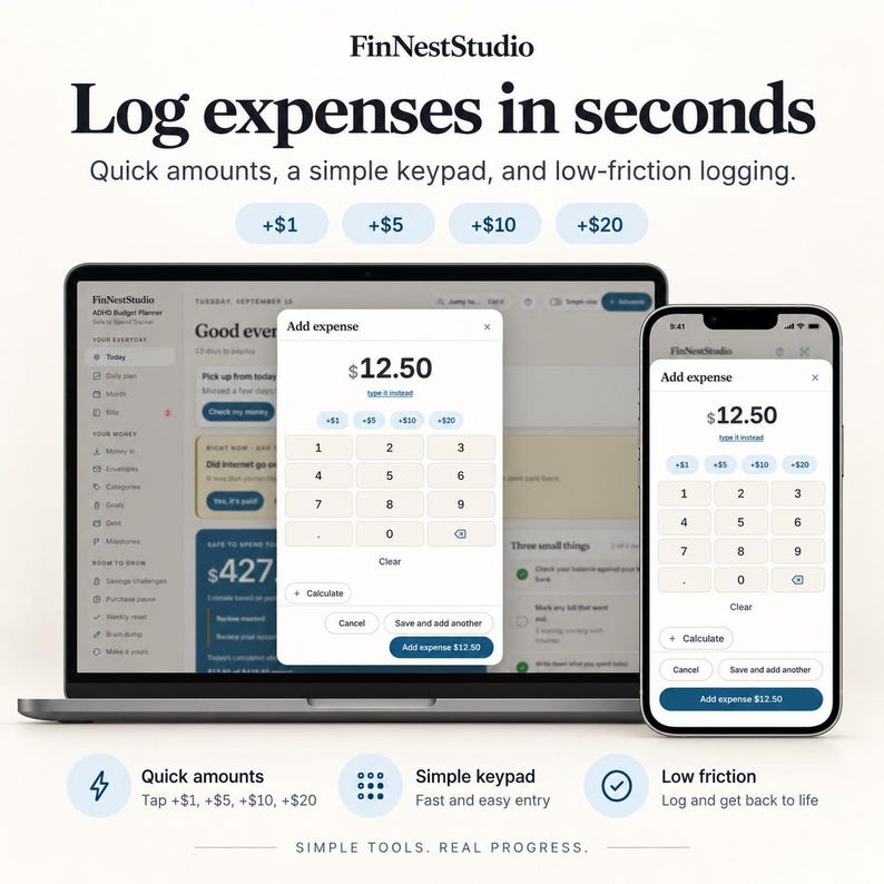 May include: A digital expense tracking interface displayed on a laptop and smartphone screen. The software features a numeric keypad, quick-add buttons for $1, $5, $10, and $20, and an Add expense window showing a total of $12.50. Text includes FinNestStudio.