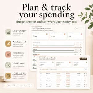 K&ouml;nnte beinhalten: Eine digitale Benutzeroberfl&auml;che f&uuml;r einen monatlichen Budgetplaner sowie einen Einnahmen- und Ausgaben-Tracker auf zwei Bildschirmen. Das Layout zeigt Kategorien, Transaktionsprotokolle und Finanz&uuml;bersichten mit dem Text Plan & track your spending.