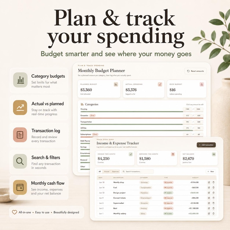 K&ouml;nnte beinhalten: Eine digitale Benutzeroberfl&auml;che f&uuml;r einen monatlichen Budgetplaner sowie einen Einnahmen- und Ausgaben-Tracker auf zwei Bildschirmen. Das Layout zeigt Kategorien, Transaktionsprotokolle und Finanz&uuml;bersichten mit dem Text Plan & track your spending.