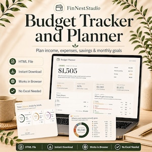 Op de afbeelding: Een digitale budgettracker en planner-interface weergegeven op een laptopscherm en twee kleinere kaarten. Het scherm toont financiële gegevens, inkomsten, uitgaven en spaardoelen. Tekst bevat FinNestStudio, Budget Tracker and Planner en HTML File.