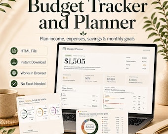 Budgetplaner Vorlage, Monatlicher Budget & Ausgaben Tracker, Einkommens-Tracker, Sparziel-Dashboard, Digitaler Haushaltsplaner
