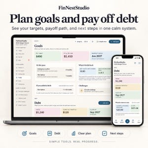 May include: A digital budget planner interface displayed on a laptop screen and a smartphone. The screen shows financial data, including goals, debt tracking, and monthly payment plans with text labels like FinNestStudio, Plan goals and pay off debt.