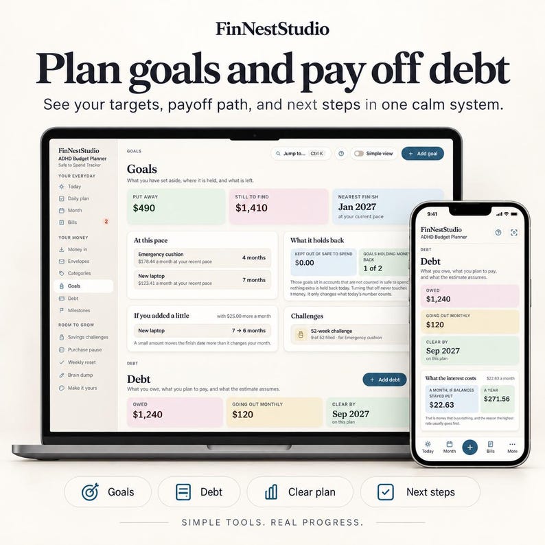 May include: A digital budget planner interface displayed on a laptop screen and a smartphone. The screen shows financial data, including goals, debt tracking, and monthly payment plans with text labels like FinNestStudio, Plan goals and pay off debt.