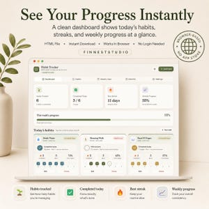 May include: A laptop screen displays a habit tracker interface with the text "See Your Progress Instantly." The dashboard shows daily habits, streaks, and weekly progress. The interface includes sections for habits, weekly view, and settings.