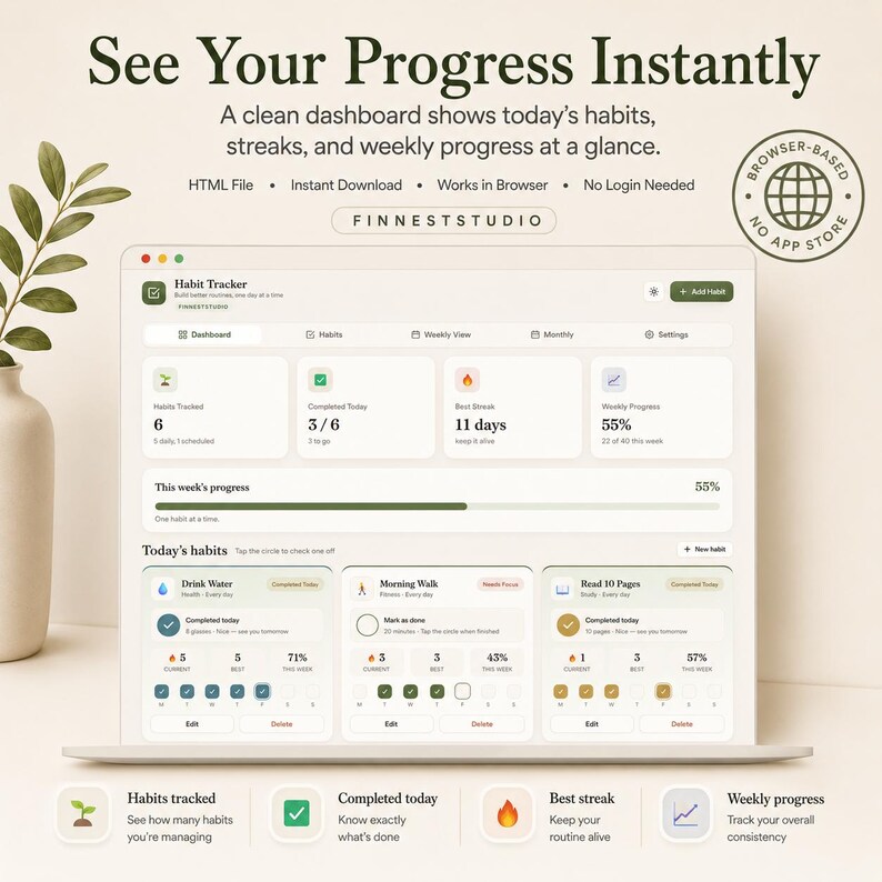 May include: A laptop screen displays a habit tracker interface with the text "See Your Progress Instantly." The dashboard shows daily habits, streaks, and weekly progress. The interface includes sections for habits, weekly view, and settings.
