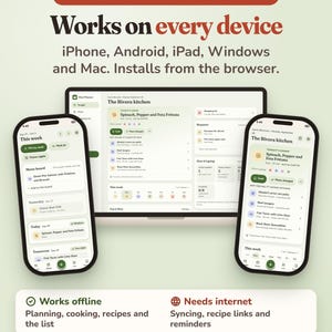 Puede incluir: Una interfaz de planificador de comidas digital mostrada en una computadora port&aacute;til y dos tel&eacute;fonos inteligentes. El texto dice: ONE PURCHASE, ALL YOUR DEVICES, Works on every device, iPhone, Android, iPad, Windows and Mac. FinNestStudio Meal Planner.