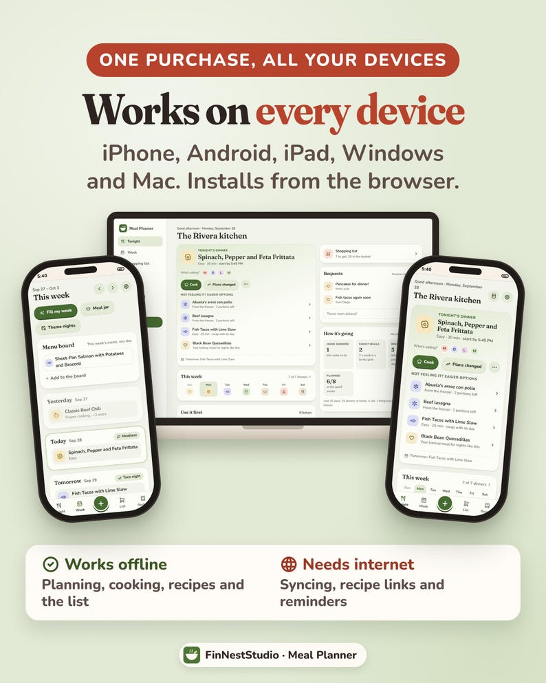 Puede incluir: Una interfaz de planificador de comidas digital mostrada en una computadora port&aacute;til y dos tel&eacute;fonos inteligentes. El texto dice: ONE PURCHASE, ALL YOUR DEVICES, Works on every device, iPhone, Android, iPad, Windows and Mac. FinNestStudio Meal Planner.