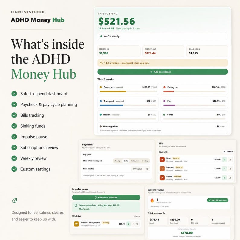 Puede incluir: Un panel de planificaci&oacute;n financiera digital titulado ADHD Money Hub de Finneststudio. La interfaz muestra un saldo disponible de 521,56 $, categor&iacute;as de seguimiento de gastos, planificaci&oacute;n de n&oacute;minas, gesti&oacute;n de facturas, funciones de pausa de impulsos y res&uacute;menes semanales.