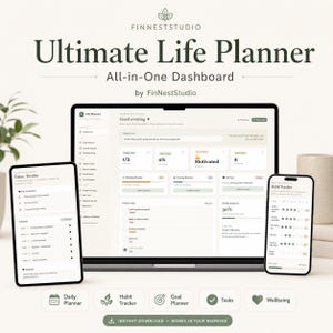Könnte beinhalten: Ein digitales Ultimate Life Planner Dashboard von FinNestStudio, angezeigt auf einem Laptop, einem Tablet und einem Smartphone. Die Benutzeroberfläche bietet ein klares Layout mit Bereichen für tägliche Aufgaben, Gewohnheitsverfolgung.