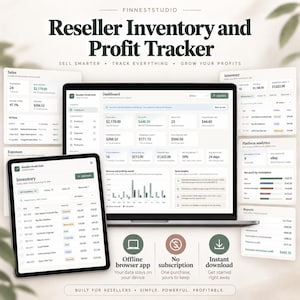 May include: A digital reseller inventory and profit tracker displayed on a laptop and tablet screen. The interface shows data tables, charts, and financial metrics including sales, expenses, and inventory status. Text includes Reseller Inventory and Profit Tracker, Sell Smarter, Track Everything, Grow Your Profits, Offline browser app, No subscription, Instant download, and Built for resellers, simple, powerful, profitable.